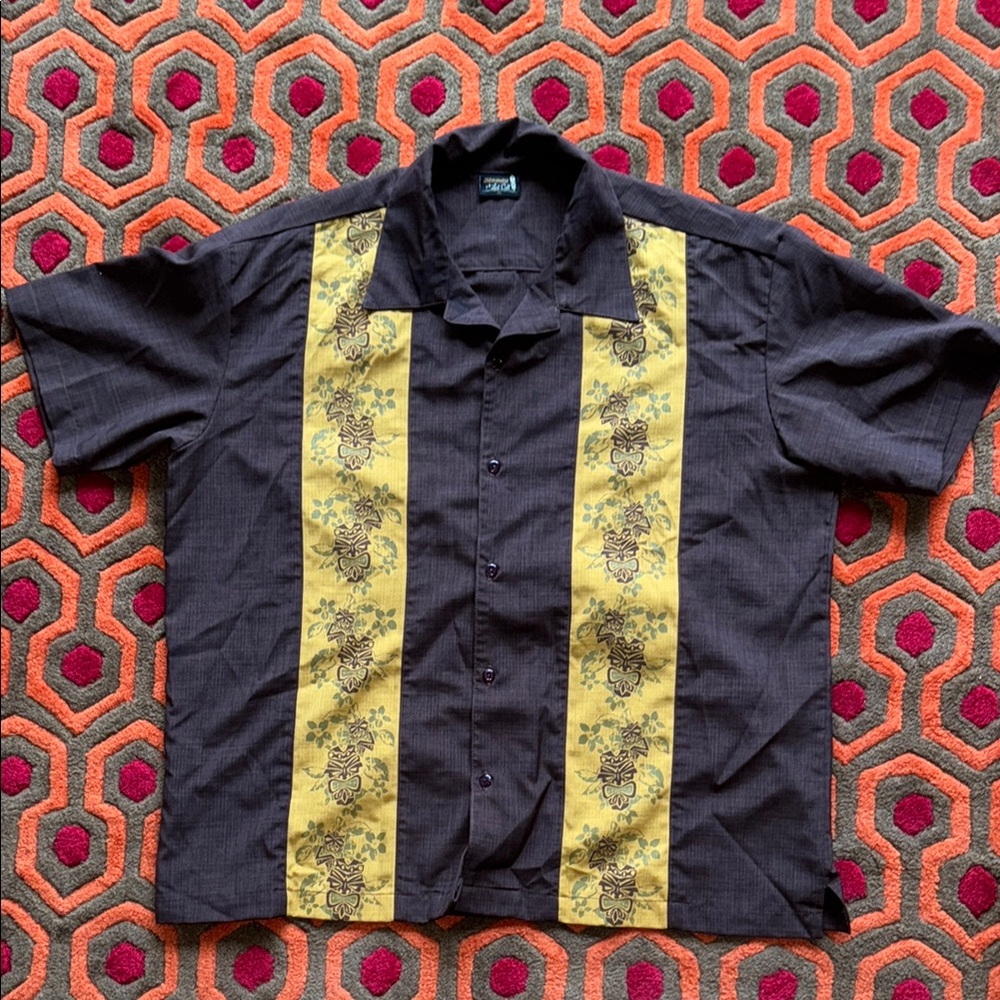 Brown & Yellow Retro Bowling Casual Button Down Shirt Men's XL Steady Last Call